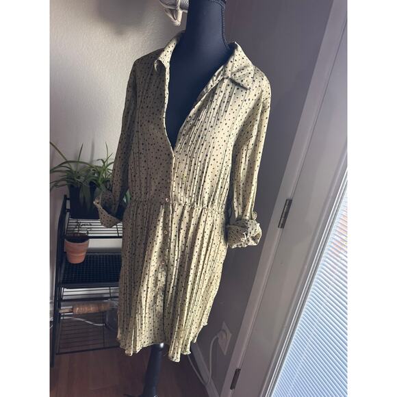 ZARA Polka Dot  collared Button-Front Shirt Dress – Long Sleeve Light Green Midi - Picture 3 of 10